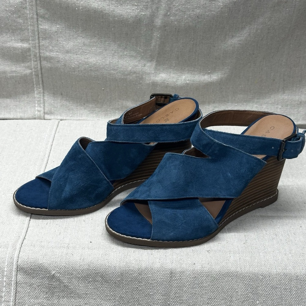 NEW CASLON Dark Teal Blue Suede Leather Wedge Heels Sandals Shoes 7 Medium
